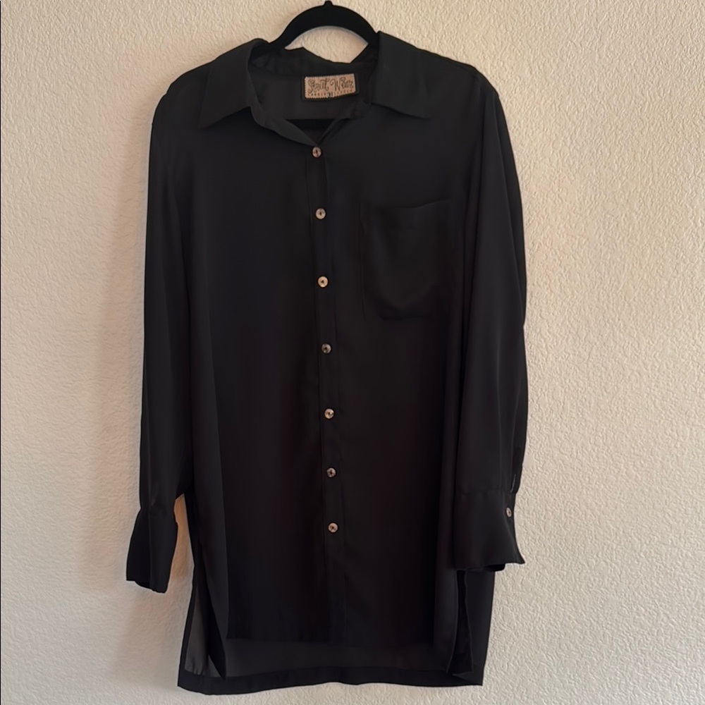 VINTAGE Carol Little Sheer Black Button Down Blouse Size L